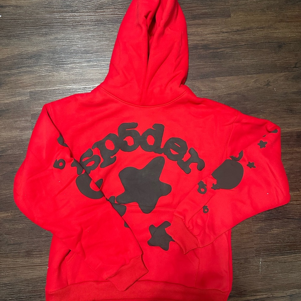 Red Sp5der Hoodie with Black Star Print